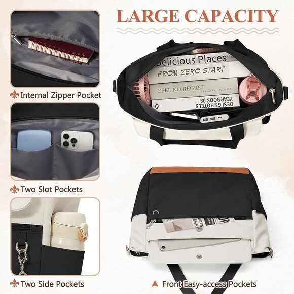 Women Black With White Multi-Pocket Waterproof Canvas Tote Bags with Zipper - Picture 3 of 6